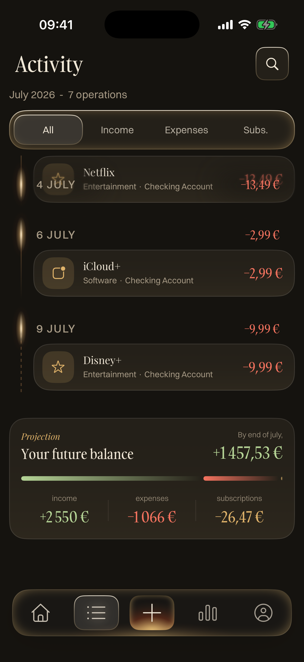 Finely activity timeline grouped by date with filters for income, expenses, and subscriptions.