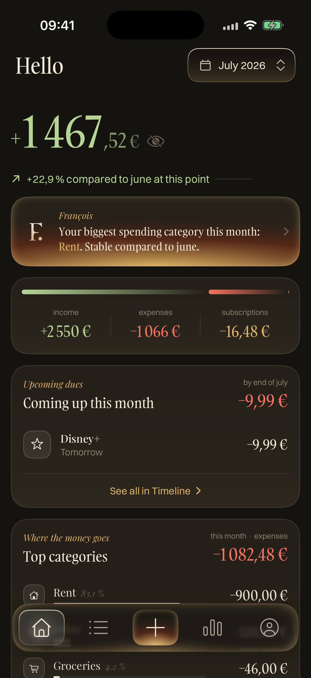 Finely home screen showing balance, monthly insight, income, expenses, subscriptions, and upcoming dues.