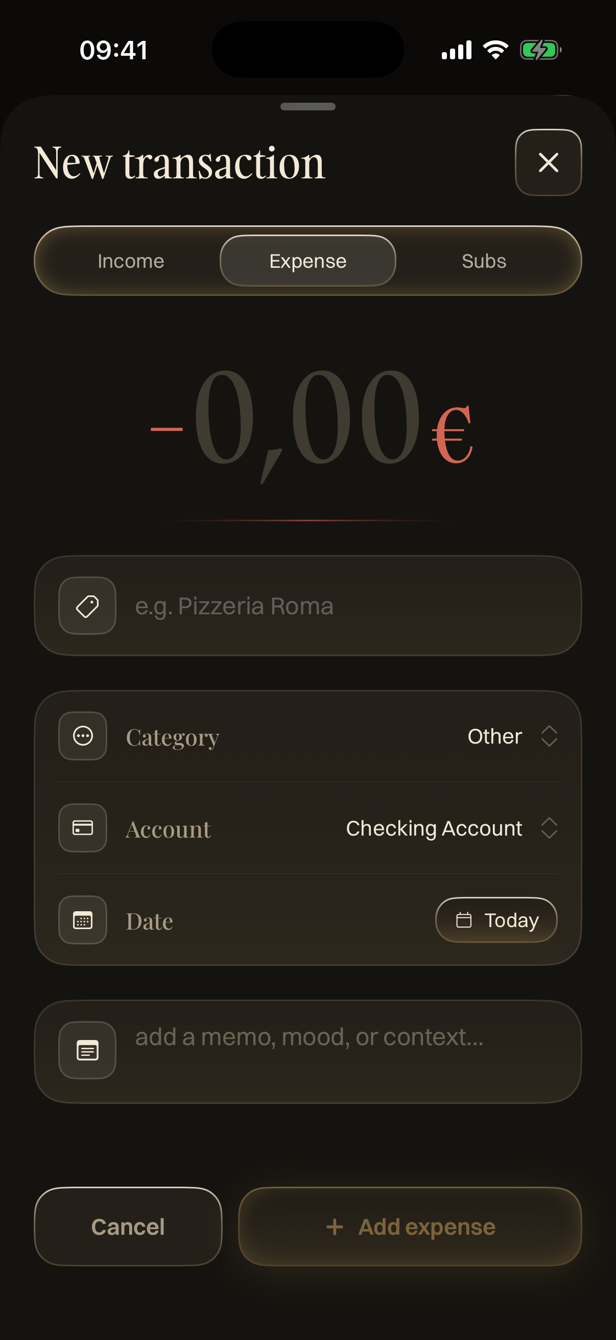 Finely new transaction form for income, expenses, and subscriptions.